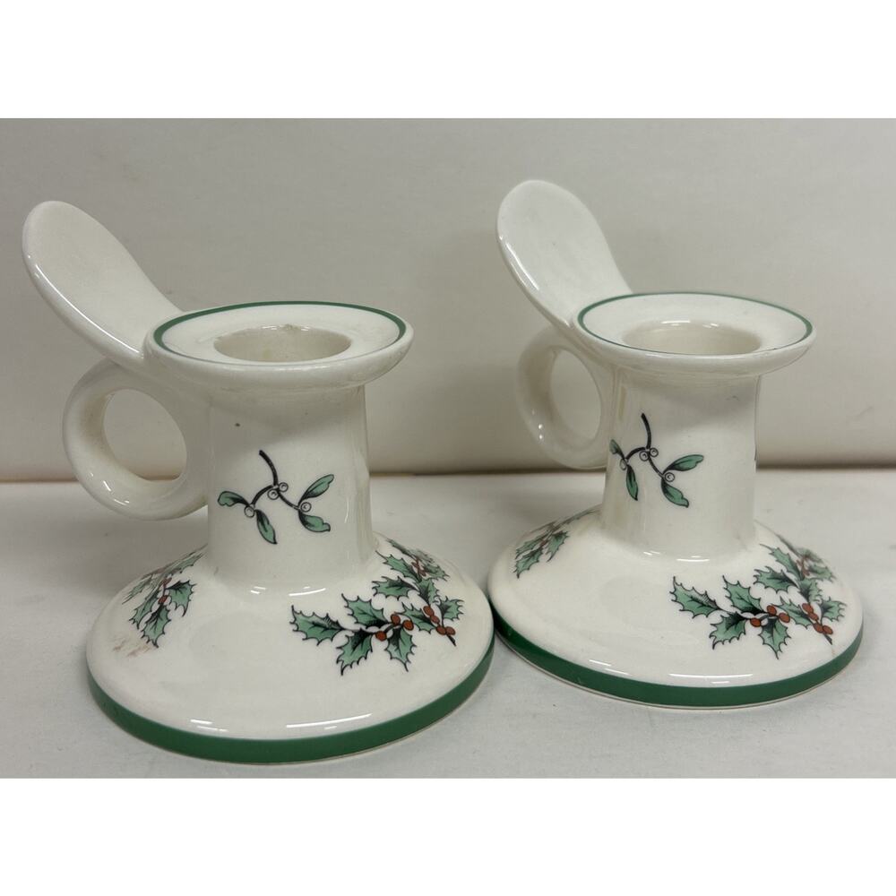 Spode Christmas Tree Taper Candle Holders (2) Ring Handle Earthenware 2”